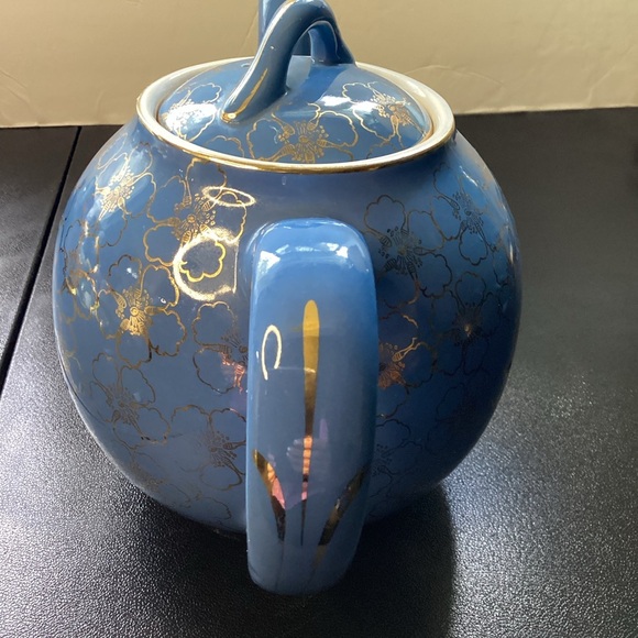 Hall Teapot French Flower Cadet Blue Periwinkle Gold Trim Vintage 1950s - Picture 10 of 14
